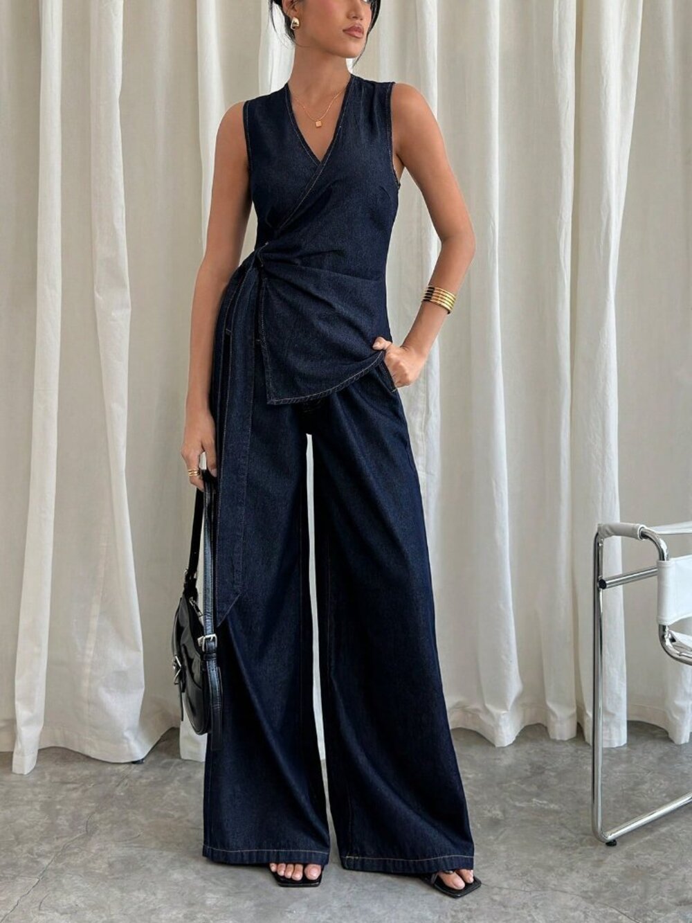 Dark Wash Elegant Women's Denim Sleeveless Top & Wide-Leg Pants suit set - Picture 5 of 8